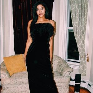 Vintage 1990s Velvet Faux Feather Long Dress