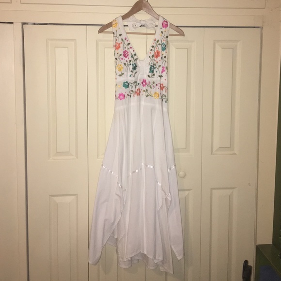 White halter top dress with embroidered bodice