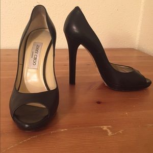 Jimmy Choo Black Leather Peep Toe Heels