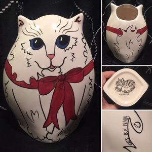 Artist signed cat vase, brush holder.