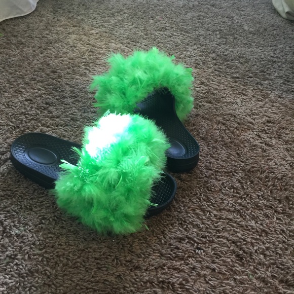 Green furry sandals