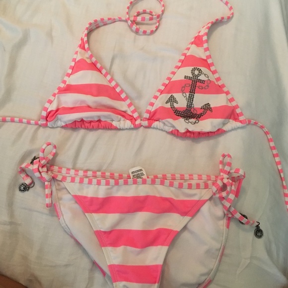 Pink and white embellished bikini
