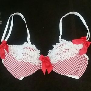 Gingham print red satin bow ruffle bra small