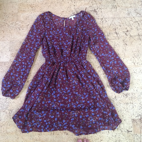 Delia maroon dress with blue floral patterns