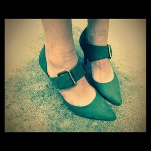 Olive green leather  heels with adjustable strap