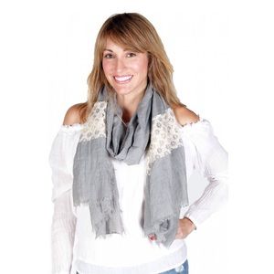 Lightweight Grey Scarf w/ Lace Bands & Frayed Hem