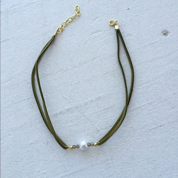 Army green beaded suede choker