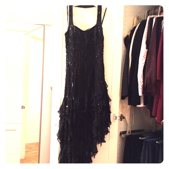 Black formal asymmetrical bottom halter top gown