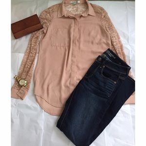 Blush colored button down with lace sleeves size S