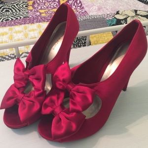 Red Satin Bow-front Heels
