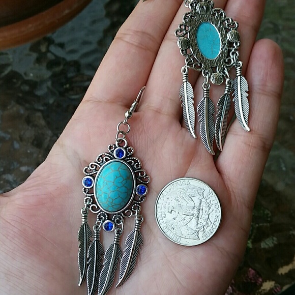 Boho Tibet Rhinestone Turquoise Feather Earrings - Picture 4 of 4