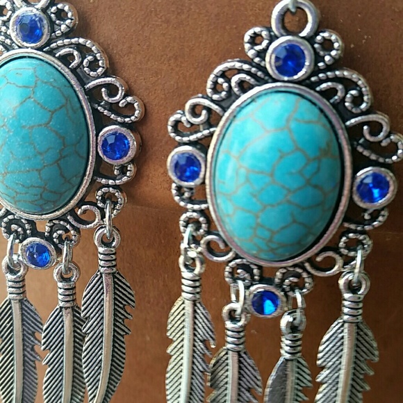 Boho Tibet Rhinestone Turquoise Feather Earrings - Picture 2 of 4
