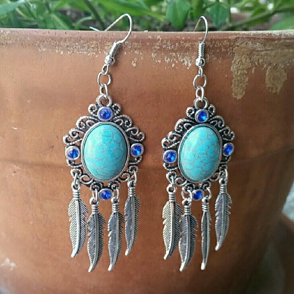 No Brand Jewelry - Boho Tibet Rhinestone Turquoise Feather Earrings