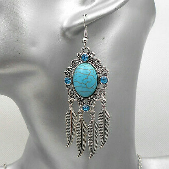 Boho Tibet Rhinestone Turquoise Feather Earrings - Picture 3 of 4