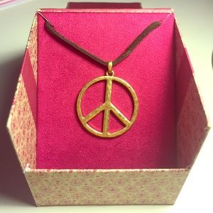Lucky Brand hammered brass peace leather necklace