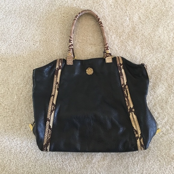 Tory Burch Black Leather and Snake Skin Tote
