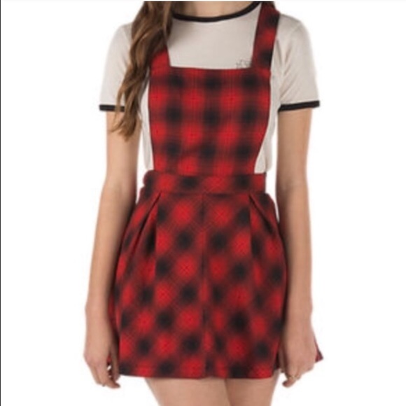 red & black plaid overall dress