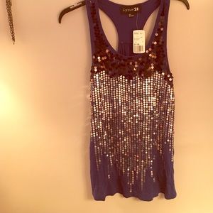 Navy blue tank top with black and silver sequence