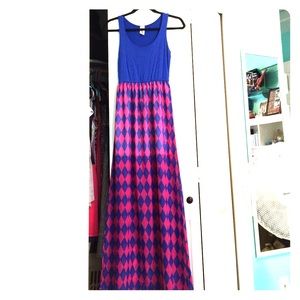 This is a bright pink and royal blue maxi dress.