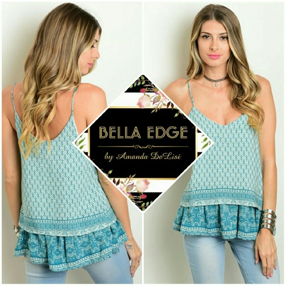 Bella Edge Boutique  Tops - Teal ruffle trim tank top