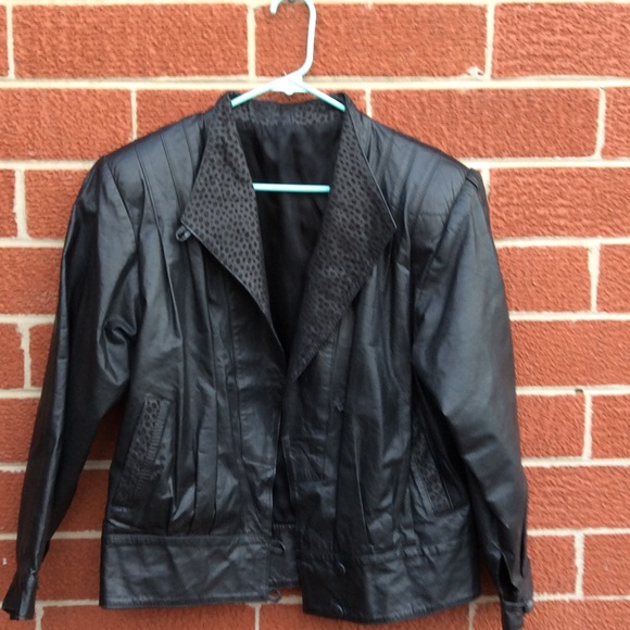 Vintage Black Leather Jacket, 1980s Animal Print - Picture 4 of 6
