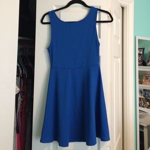 Royal blue, stretchy, A-line dress.