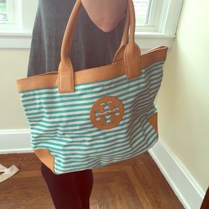 Tory Burch Striped Logo Tote