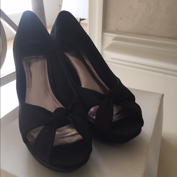 Black Satin Peep Toe Pumps