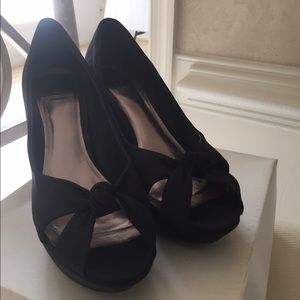 Black Satin Peep Toe Pumps