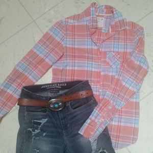 Salmon/Peach Summery Plaid Shirt