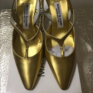 Manolo Blahnik Gold T Strap Heels