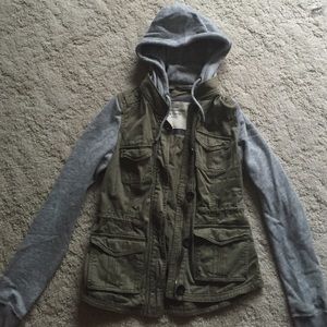 Olive green jacket/sweatshirt with gray sleeves