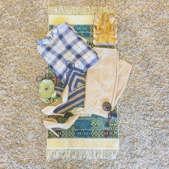 Thrift Tops - • Lightweight Blue & White Plaid Button Blouse •
