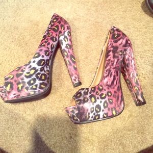 Pink cheetah peep toe heels