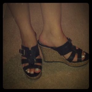 Tan and Black Summer Wedges