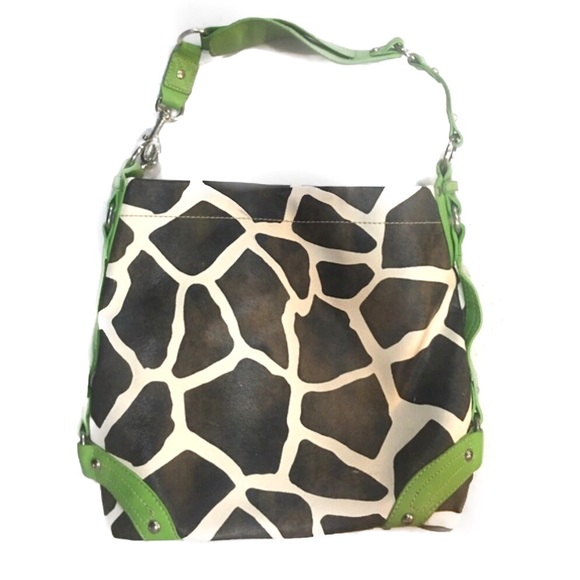Giraffe print with lime green purse
