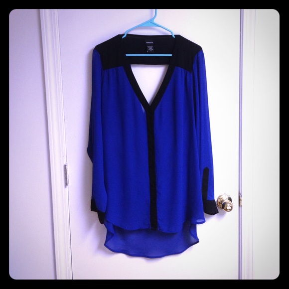 Blue and black sheer drape back torrid blouse