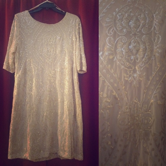 Champagne Beaded Half Sleeve Cocktail Dress - Picture 1 of 2