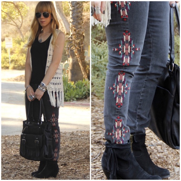 tribal embroidered jeans