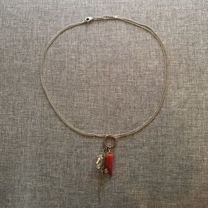 Silver tassel necklace, red jasper horn pendant