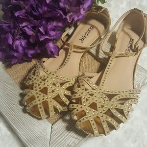 gold rhinestone t strap sandals