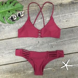 Cupshe Wine and Coffee Lace Up Bikini Set
