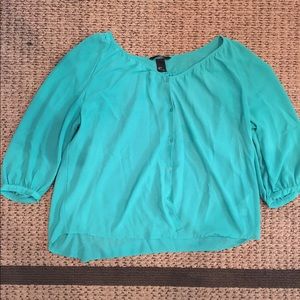 sheer teal top with 3/4 length sleeves