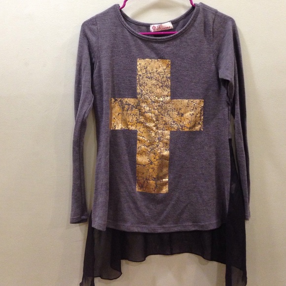 Gold cross shirt with a black silky bottom