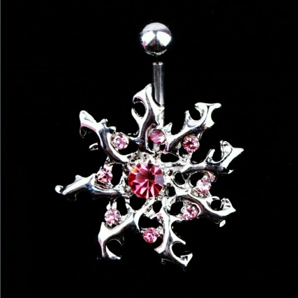 Pink rhinestone flower belly ring