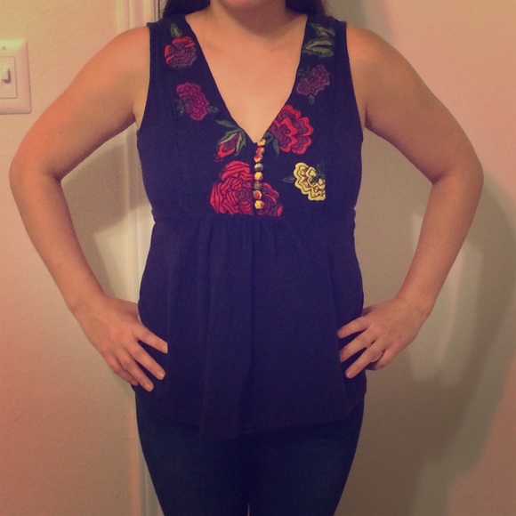 Anthropologie purple tank with floral pattern