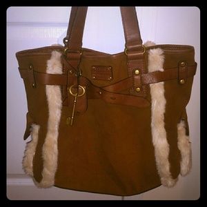 Fossil Adrina Brown suade faux fur white trim bag