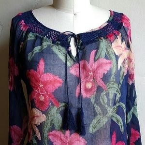 Lucky Brand 100% Silk Long Sleeve Boho Tassel Top