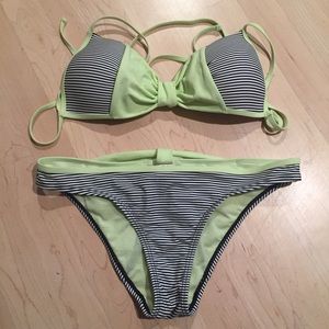 Black & white striped swimsuit w/ lime green bows