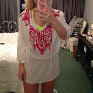 White/Hot Pink Beaded Swim Tunic Coverup Sz Small